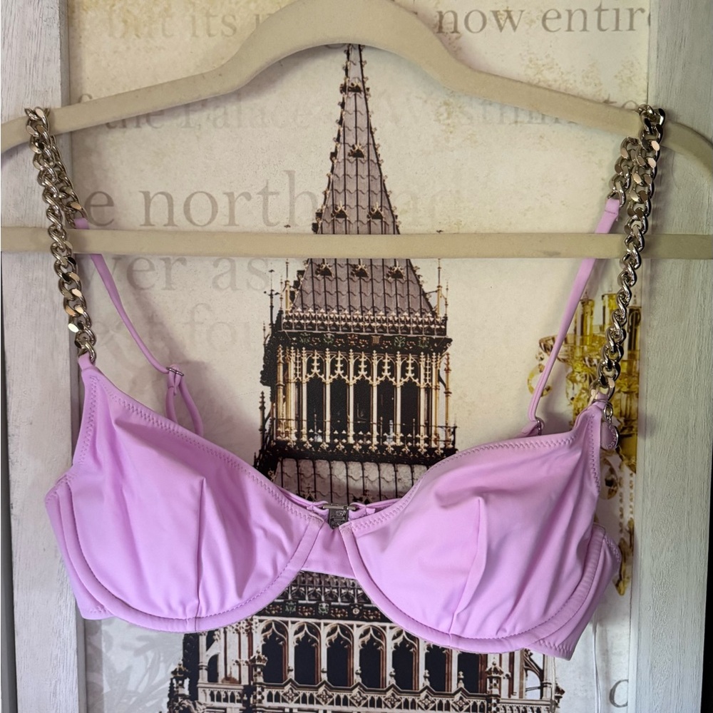 $610 Stella McCartney Women's Purple Falabella Chain Bikini Top Swimwear